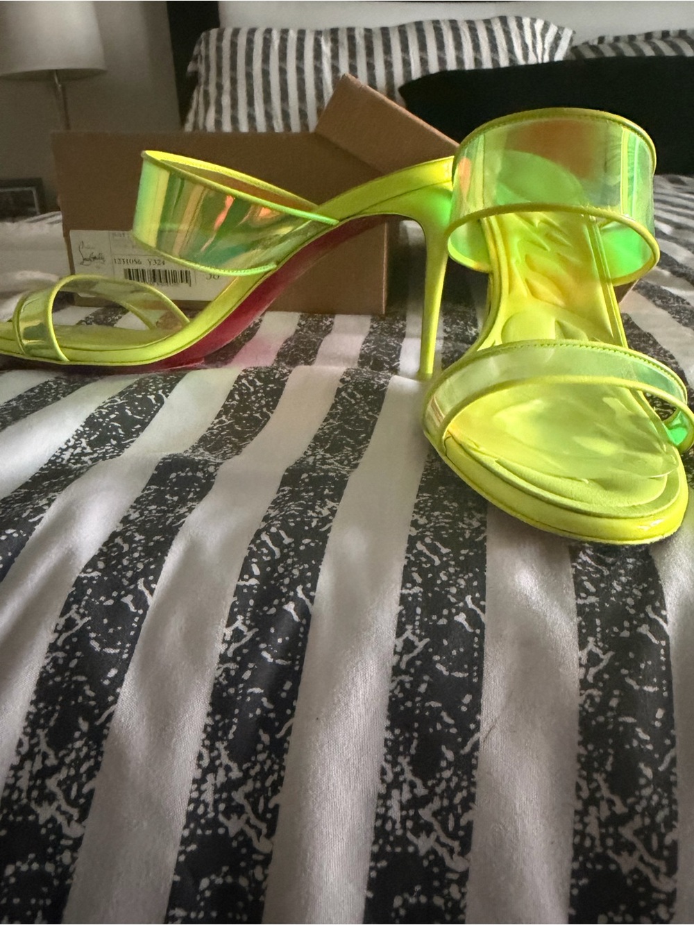 Christian louboutin Neon Yellow Iridescent Women’s High Heel Slide Sandals